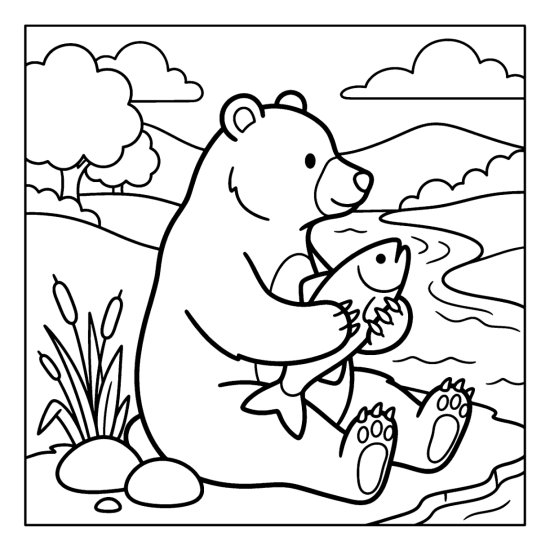 A bear on the bank cradling one fish in both forepaws, coloring sheet