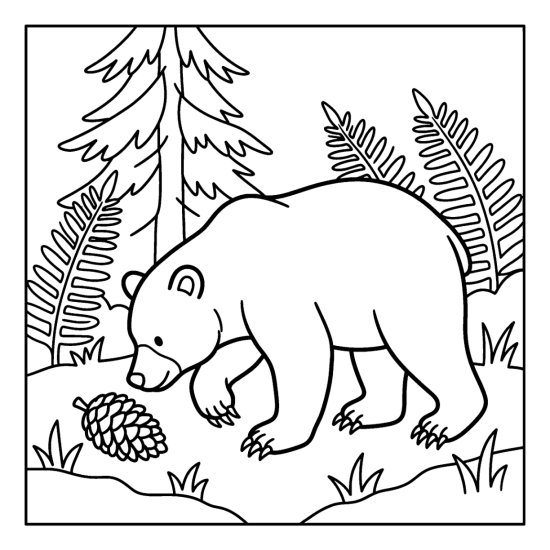 A bear bending to sniff a fallen pinecone on the forest floor, bold and easy