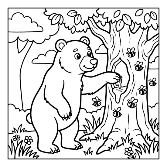 A bear on hind legs reaching into a hollow tree for honey as bees circle, coloring sheet