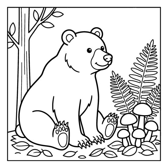 A bear seated beside a cluster of round mushrooms in the leaf litter, coloring page