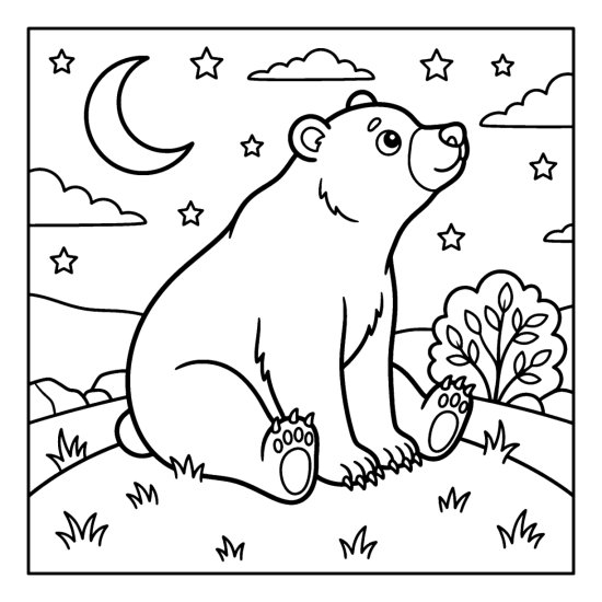 A bear sitting on a grassy knoll peering up at a crescent moon, coloring sheet