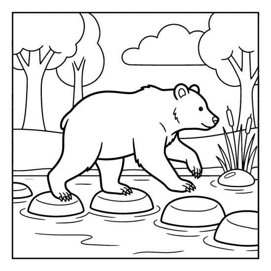 A bear hopping between round stepping rocks in a shallow creek, bold and easy