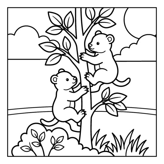 A pair of small cubs scrambling up a slim young sapling together, coloring page