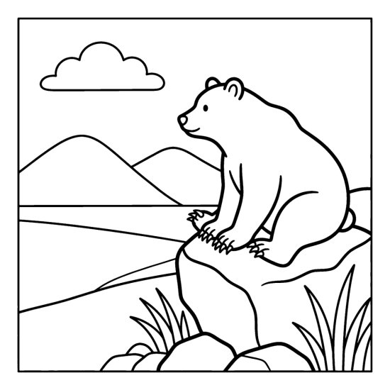 A bear perched on a big boulder gazing over a valley, coloring sheet