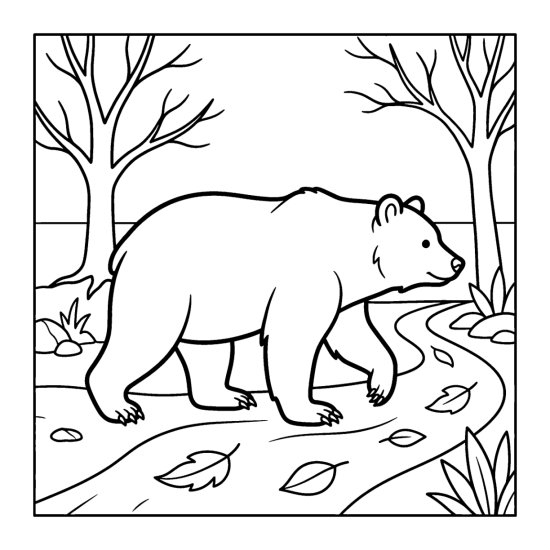 A bear shuffling along a path strewn with fallen orange leaves, bold and easy