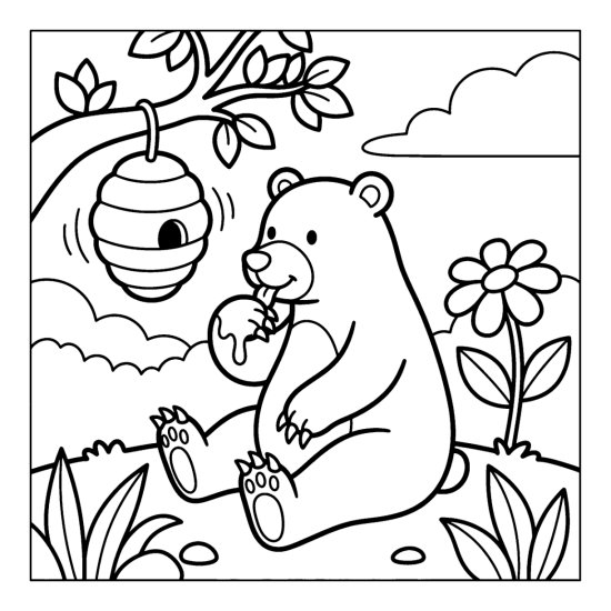 A bear sitting and licking honey from one forepaw below a hive, coloring page