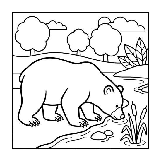 A bear dipping its head to lap from a clear creek edge, coloring sheet