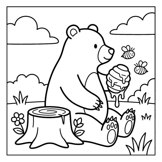 A bear beside a low stump holding a dripping honeycomb in a paw, bold and easy