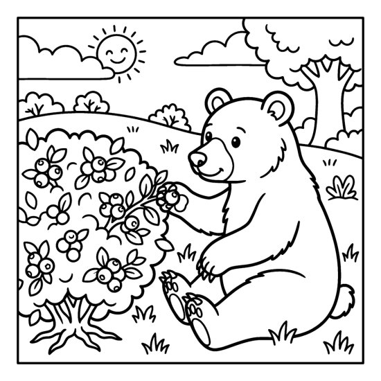 A bear seated by a round berry bush picking fruit under a smiling sun, coloring page
