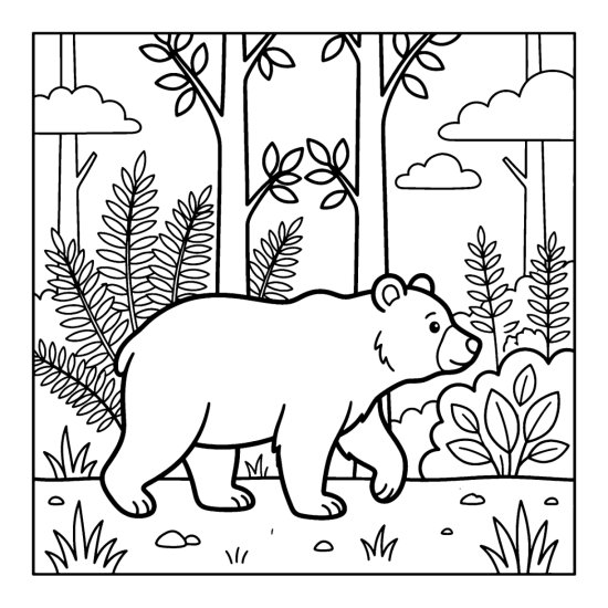 A bear wandering through a glade of tall ferns, coloring sheet