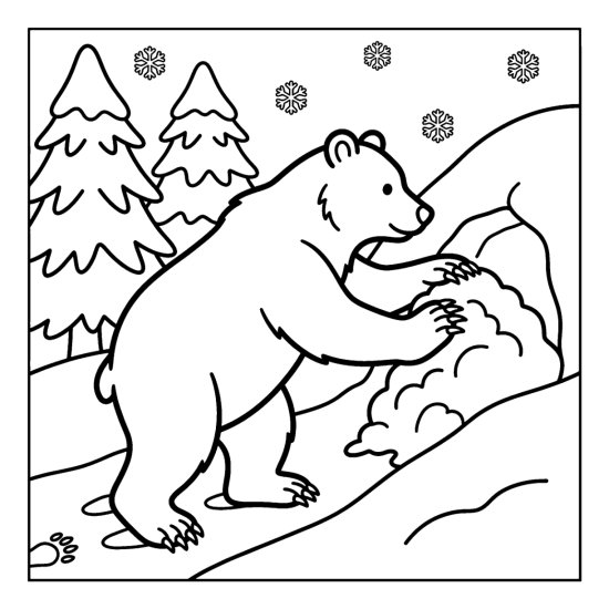 A bear scooping out a den in a snowy hillside with its forepaws, bold and easy
