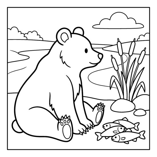 A bear on a riverbank beside a small heap of caught fish, coloring page
