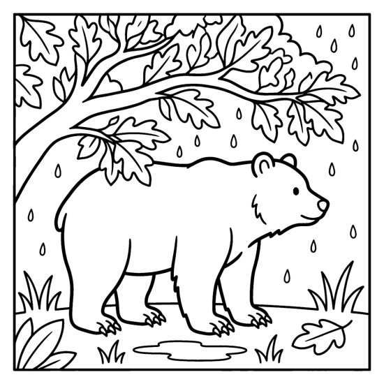 A bear tucked under the boughs of a leafy oak as soft rain falls, bold and easy