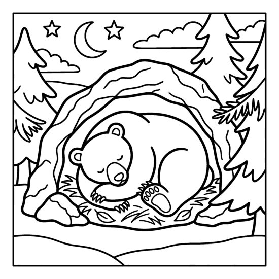 A bear curled asleep inside a rocky den under a crescent moon and stars, coloring sheet
