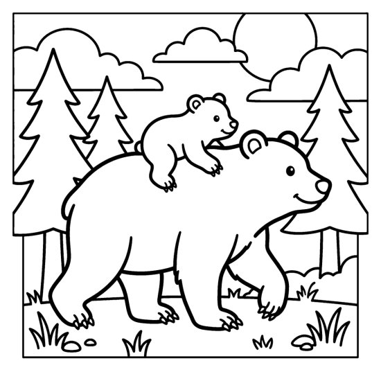 A mother bear strolling with a tiny cub perched on her shoulders, coloring sheet