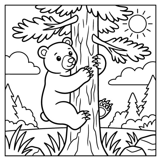 A bear climbing a tall tree trunk with leafy branches and a bright sun, coloring sheet
