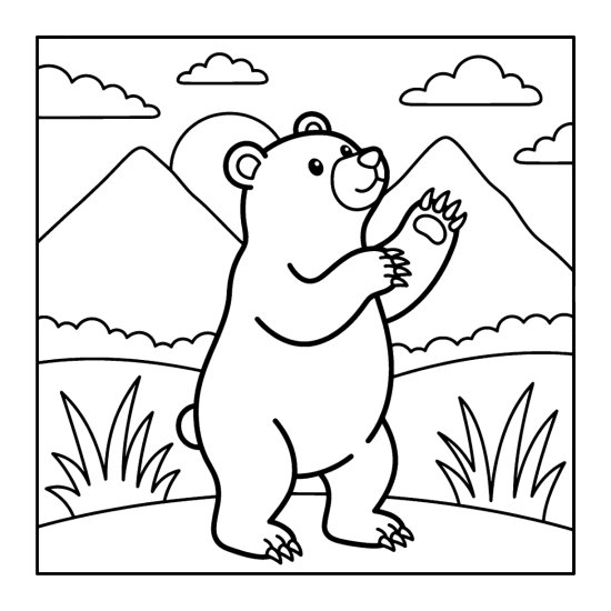 A bear reared up testing the breeze in an open meadow below mountains, coloring page