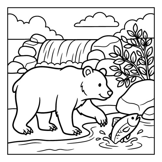A bear pawing for a fish at the foot of a low waterfall, coloring sheet