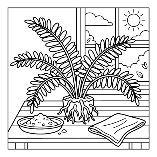 A whole fern with exposed roots arranged on a study table beside a bowl, coloring page
