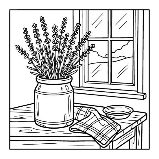 Upright lavender stems in a tall crock on a table near a window, coloring page