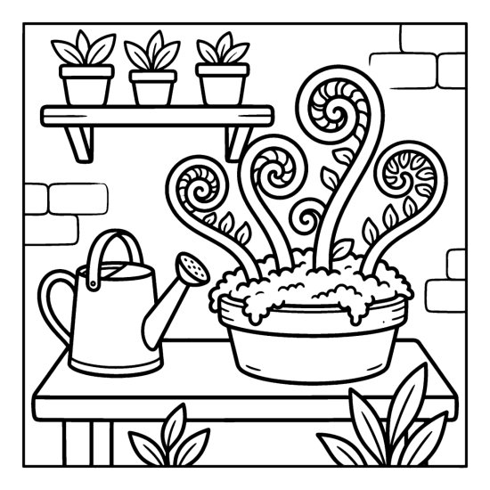 Curled fern fiddleheads growing from a mossy pot beside a watering can, coloring sheet