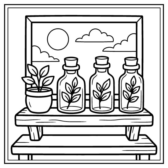 Three apothecary bottles holding leafy sprigs on a shelf below a window, coloring page