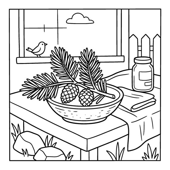 A conifer sprig and two pinecones in a shallow bowl with a bird, coloring page