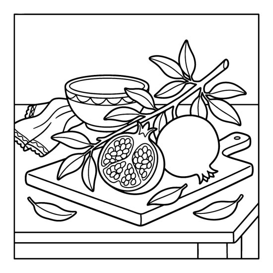 A whole pomegranate and a halved pomegranate showing seeds on a board, coloring sheet