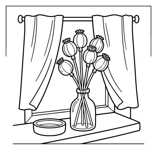 Tall dried poppy seed pods standing in a small bottle on a windowsill, coloring page