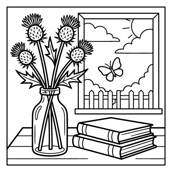 Spiky thistle stems in a glass bottle beside stacked books and a window, coloring sheet