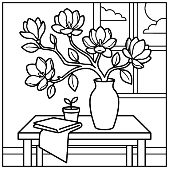 Large open magnolia blossoms on a bare twig in a tall vase, coloring page