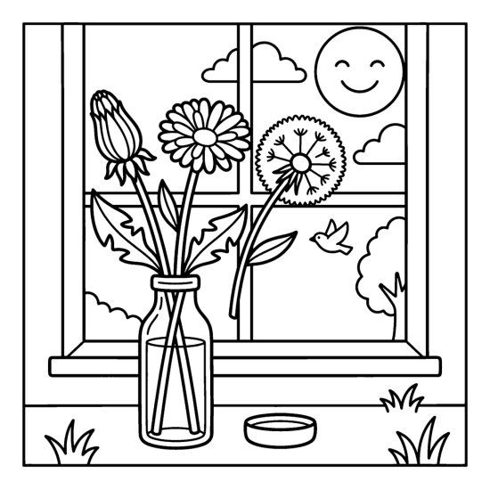 A dandelion bud, bloom, and round seed head in a slim bottle, coloring sheet