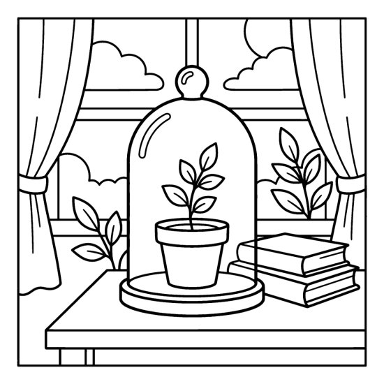 A potted leafy sprig under a tall glass cloche on a side table, coloring sheet