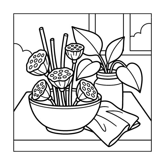 Dried lotus seed pods on tall stems resting in a wide bowl, coloring page