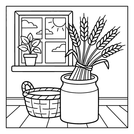 A tied wheat sheaf leaning in a tall crock beside a woven basket, coloring sheet