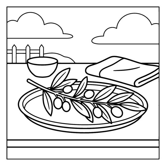 A leafy olive twig with small olives lying on an oval tray, coloring page