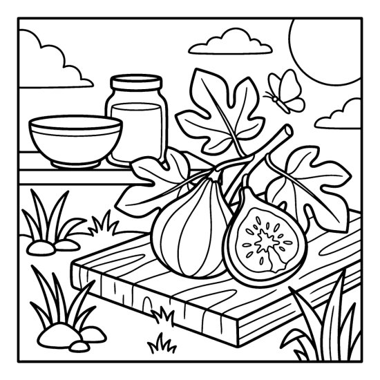 A whole fig and a halved fig on a wooden board with a butterfly, coloring sheet