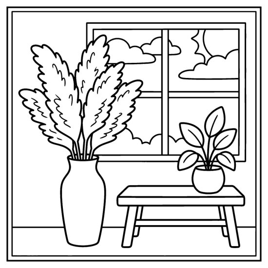 Feathery pampas plumes in a tall floor vase beside a low bench, coloring page