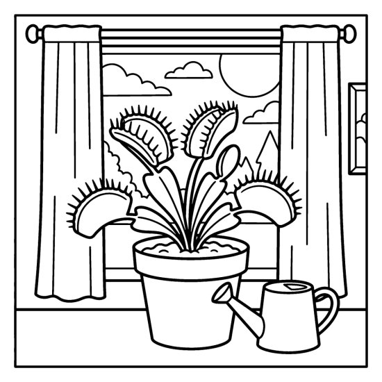 A potted venus flytrap with open traps on a windowsill near a watering can, coloring sheet