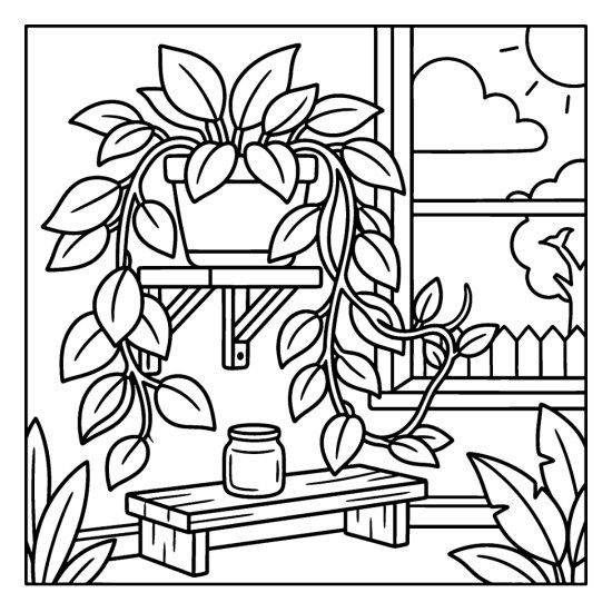 A trailing hoya plant on a wall bracket with vines hanging down, coloring page
