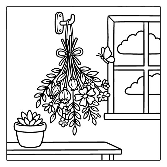 A dried flower bunch hanging upside down from a wall hook to dry, coloring sheet