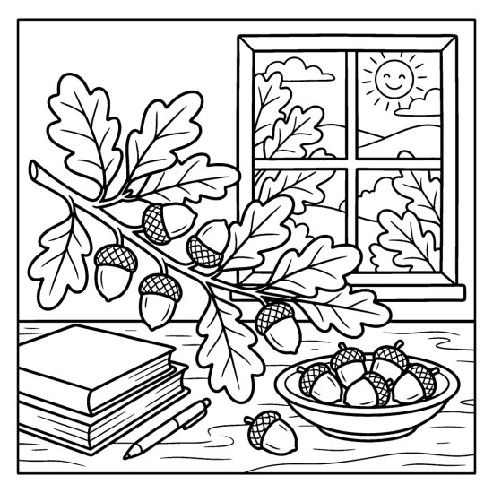 A leafy oak twig with acorns laid beside books and a bowl, coloring page
