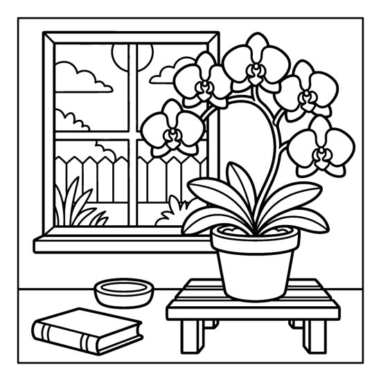 Arching orchid blooms in a pot on a plant stand by a window, coloring sheet