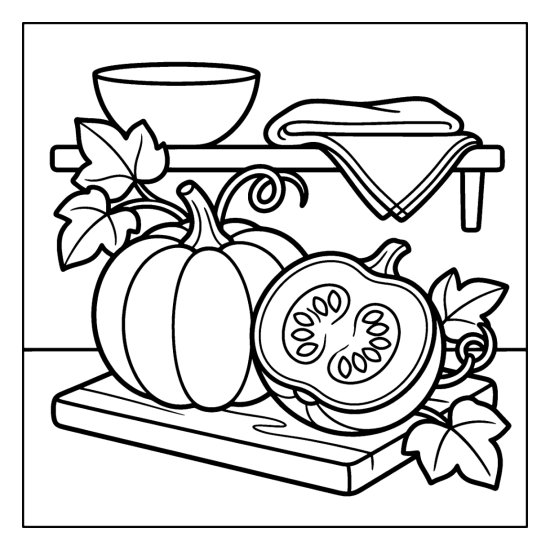 A whole squash and a halved squash showing seeds on a cutting board, coloring page
