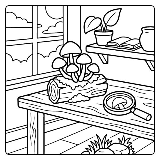 Capped mushrooms growing on a mossy log with a magnifier nearby, coloring page