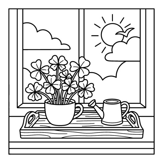 Leafy clover sprigs in a small cup on a tray beside a watering can, coloring sheet