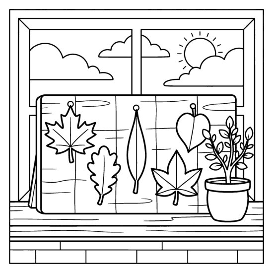 A row of different leaf shapes on a display board near a potted plant, coloring page