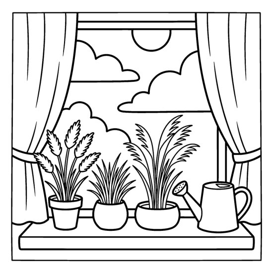 Three feathery ornamental grasses in pots along a windowsill, coloring sheet