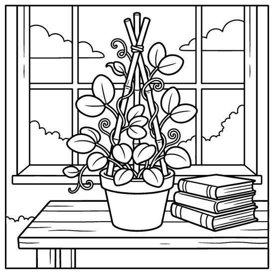 A climbing sweet pea on a cane tepee in a pot beside books, coloring page