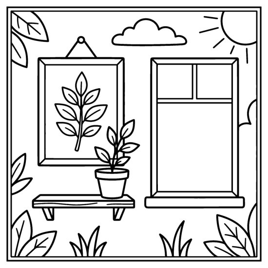 A pressed leaf displayed in a hanging frame above a shelf and potted plant, coloring sheet